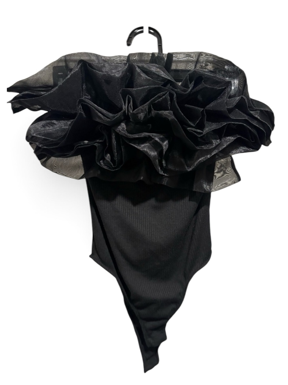 Discreet Black Off-Shoulder Ruffle Bodysuit